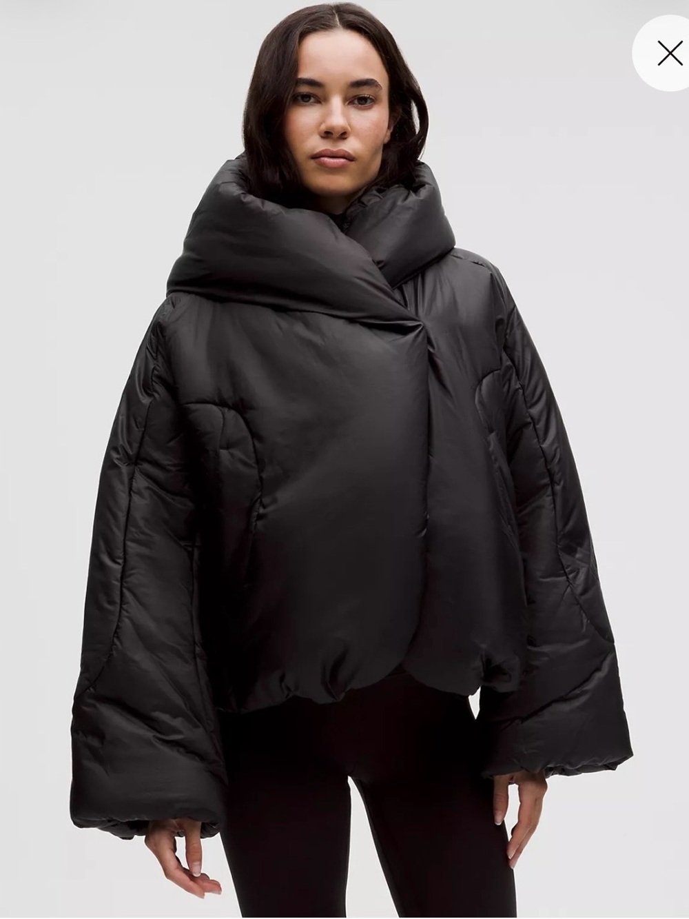 Lululemon Hooded Insulated Wrap in black with oversized funnel wrap collar,4.